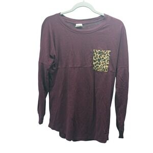 PINK Victoria's Secret Burgundy Long Sleeve Shirt Leopard Pocket XS Slouchy